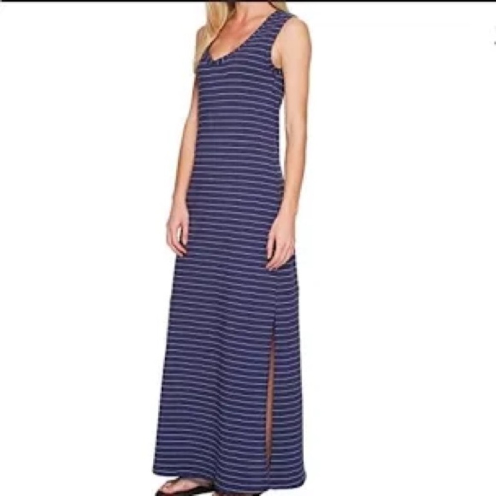 FIG Van Dress In Voyager Stripe V-Neck Sleeveless Maxi Navy White Size Small